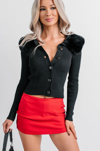 Luxe Ambition Fur Collar Knit Sweater (Black) - NanaMacs