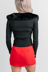Luxe Ambition Fur Collar Knit Sweater (Black) - NanaMacs