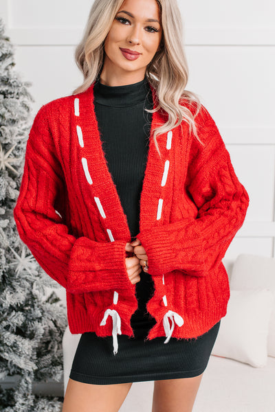 Gilded Cheer Cable Knit Detailed Sweater (Red)