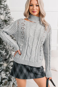 Reasonable Doubts Mock Neck Cable Knit Sweater (Heather Grey) - NanaMacs