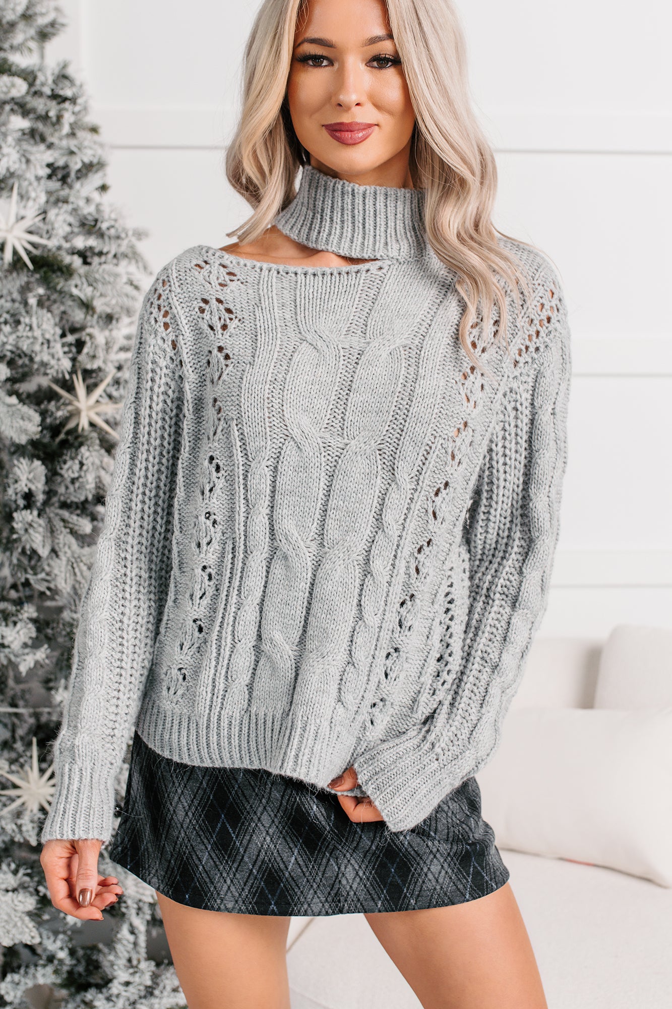 Reasonable Doubts Mock Neck Cable Knit Sweater (Heather Grey) - NanaMacs