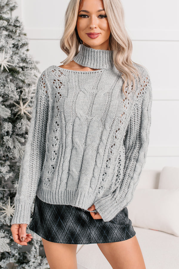 Reasonable Doubts Mock Neck Cable Knit Sweater (Heather Grey)
