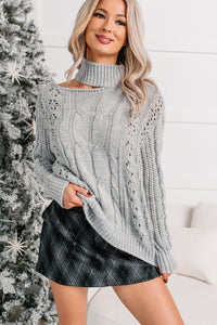 Reasonable Doubts Mock Neck Cable Knit Sweater (Heather Grey) - NanaMacs