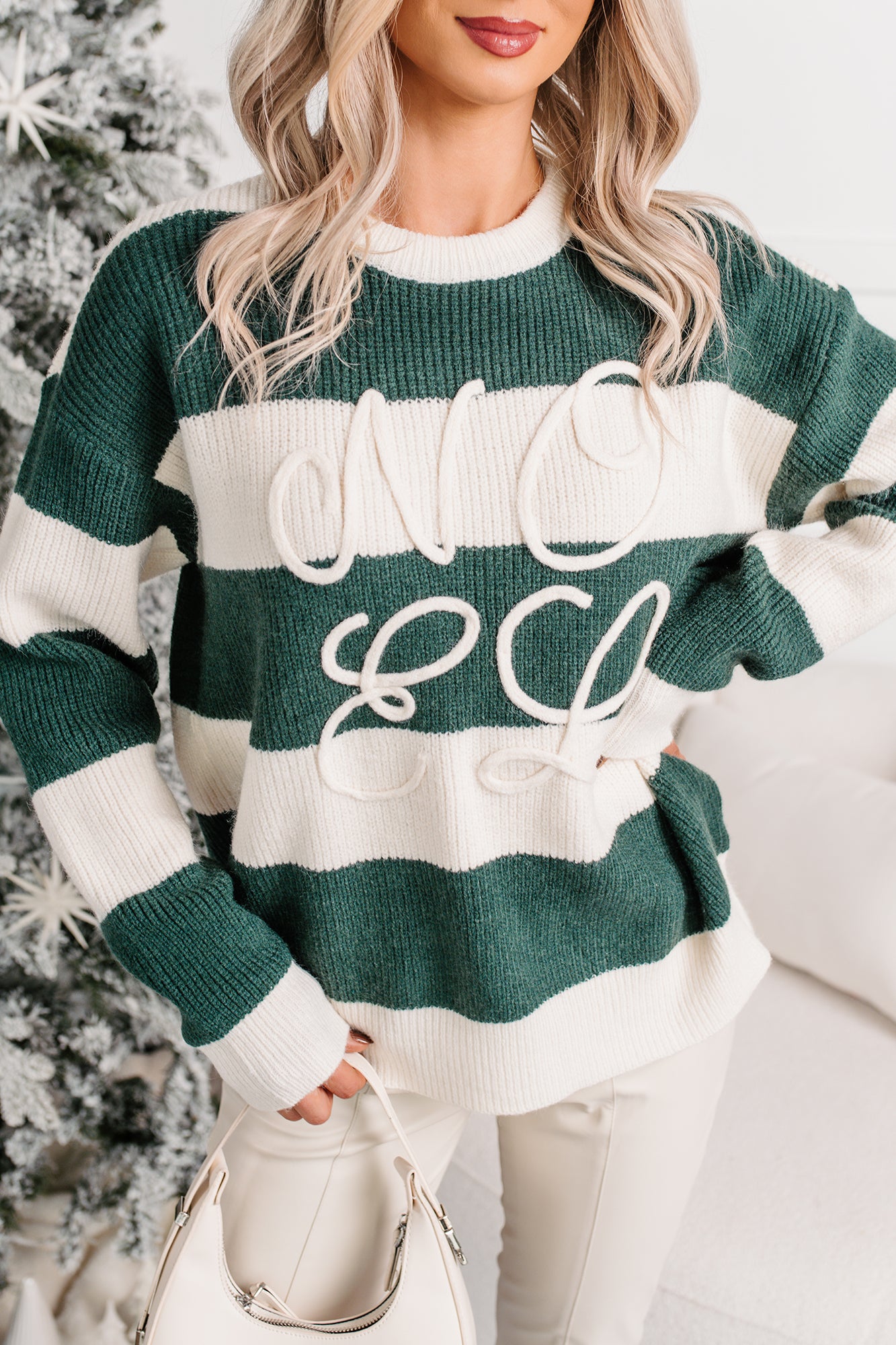 "Noel" Striped Knit Christmas Sweater (Hunter Green) - NanaMacs