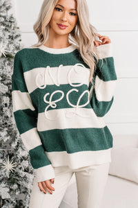 "Noel" Striped Knit Christmas Sweater (Hunter Green) - NanaMacs