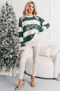 "Noel" Striped Knit Christmas Sweater (Hunter Green) - NanaMacs