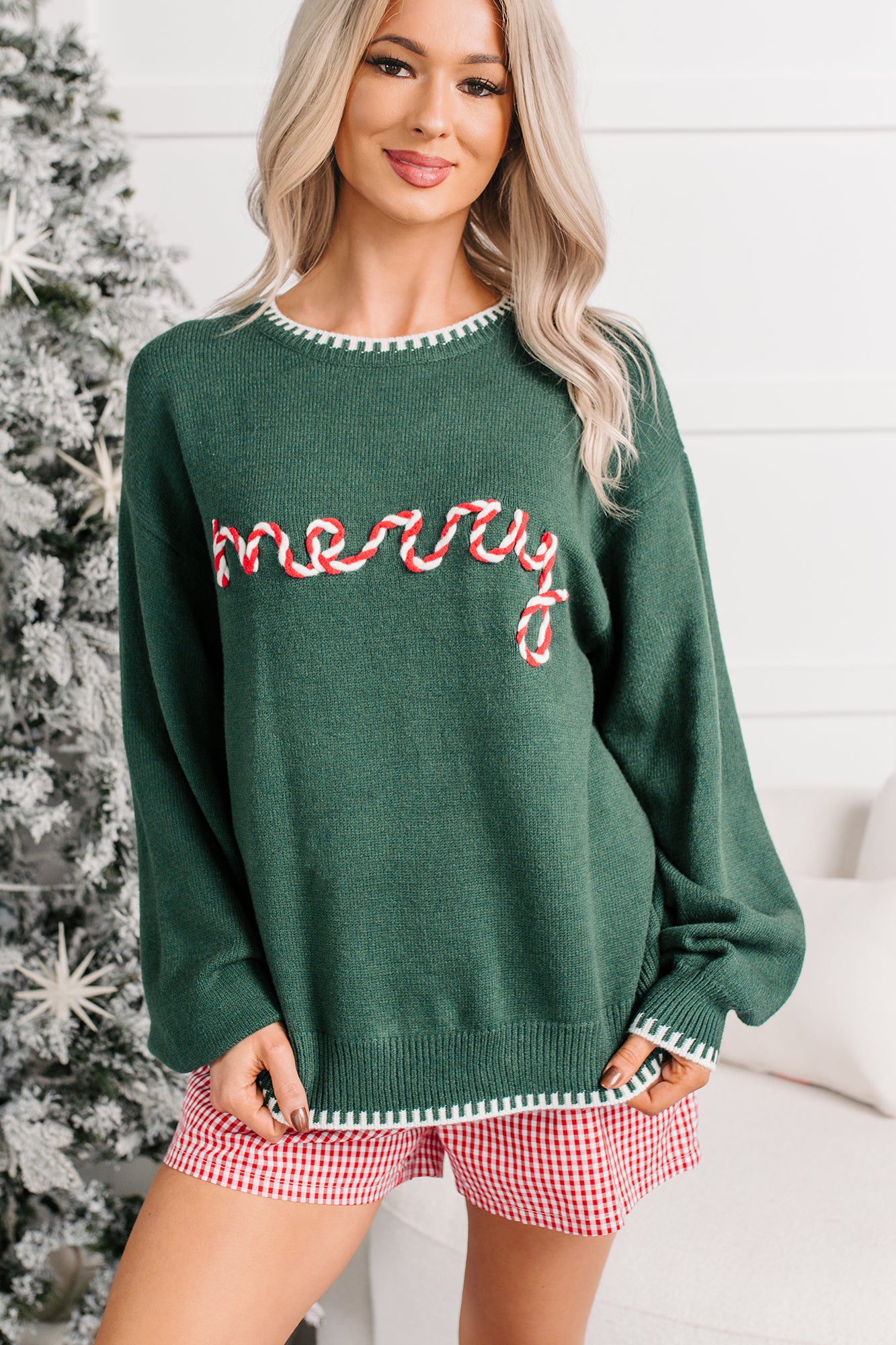 "Merry" Twist Stitching Christmas Sweater (Hunter Green) - NanaMacs