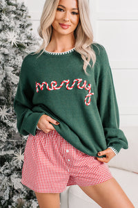 "Merry" Twist Stitching Christmas Sweater (Hunter Green) - NanaMacs