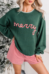 "Merry" Twist Stitching Christmas Sweater (Hunter Green) - NanaMacs