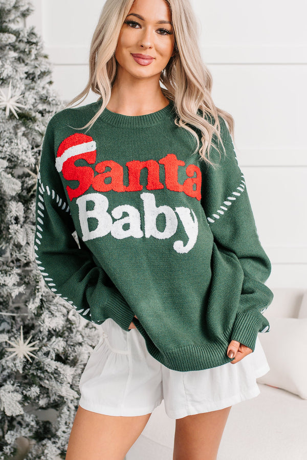 "Santa Baby" Knit Christmas Sweater (Hunter Green)