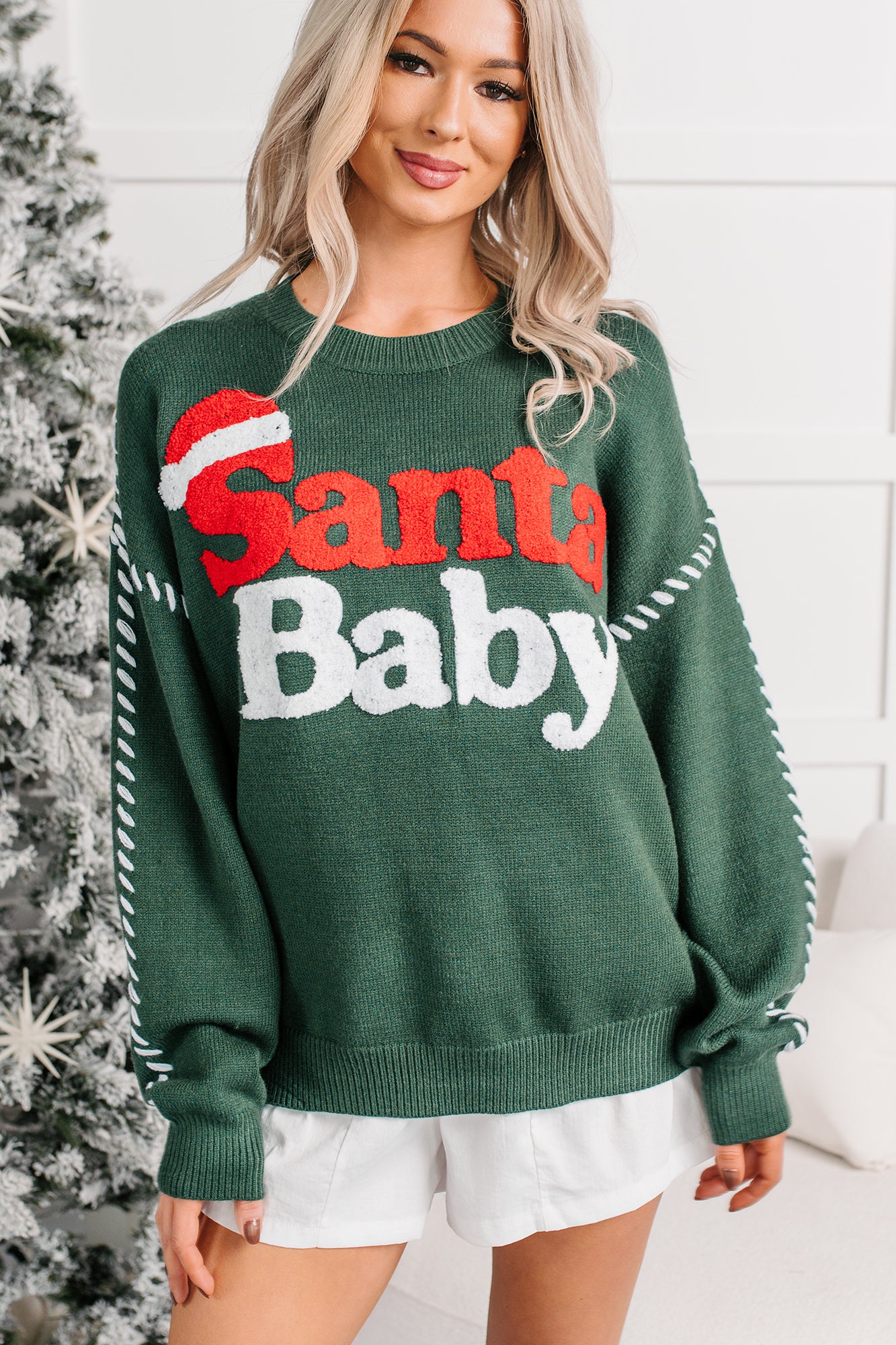 "Santa Baby" Knit Christmas Sweater (Hunter Green) - NanaMacs