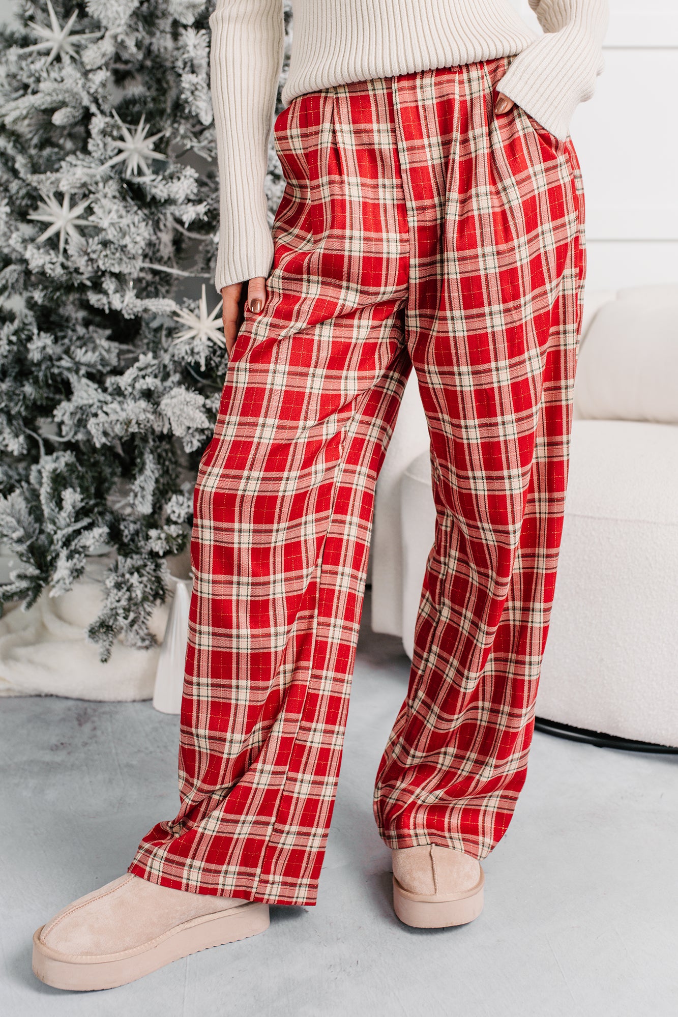 Festive Fun Plaid Wide Leg Pants (Red/Multi) - NanaMacs