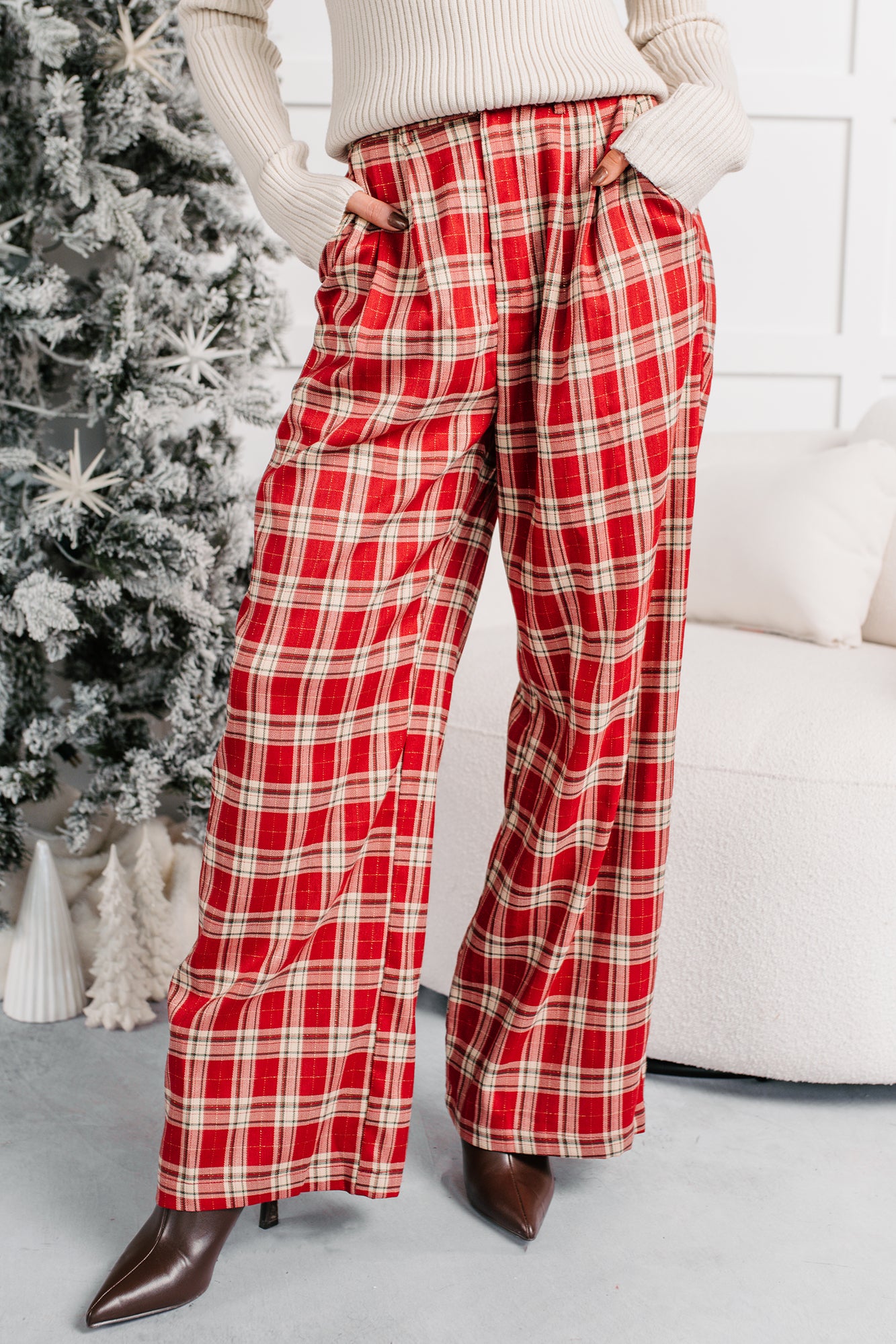 Festive Fun Plaid Wide Leg Pants (Red/Multi) - NanaMacs