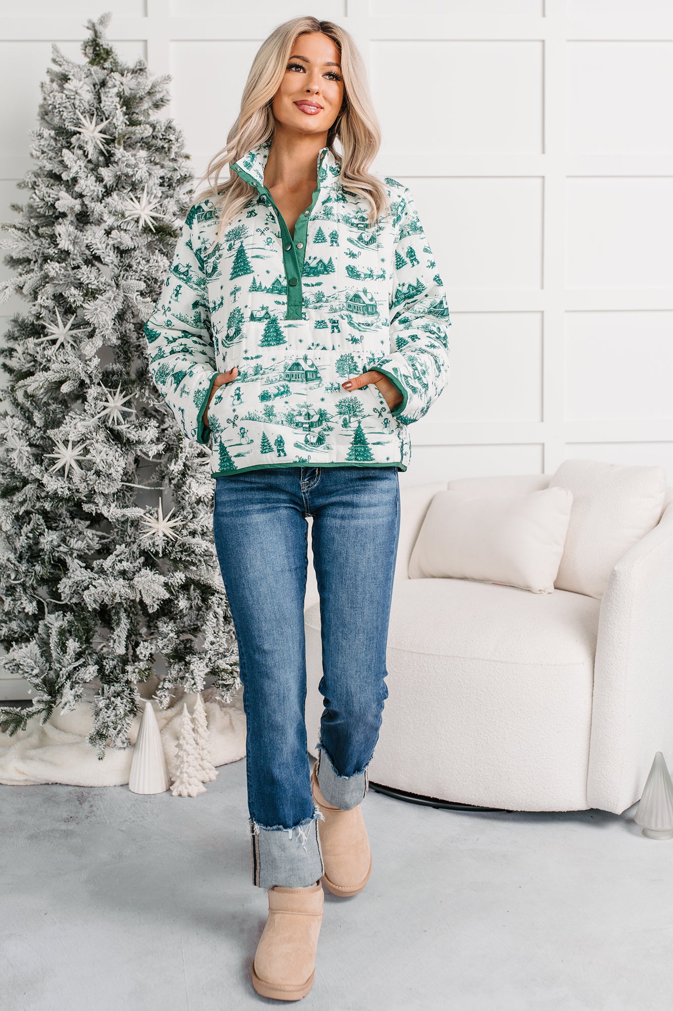 Silver Eve Christmas Print Puffer Pullover (Hunter Green) - NanaMacs