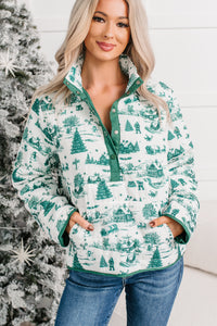 Silver Eve Christmas Print Puffer Pullover (Hunter Green) - NanaMacs