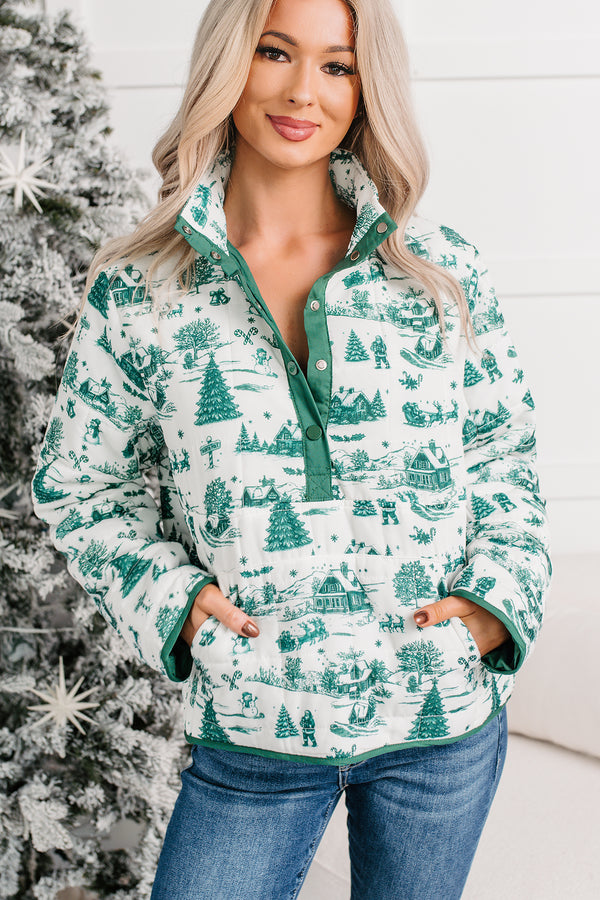 Silver Eve Christmas Print Puffer Pullover (Hunter Green)