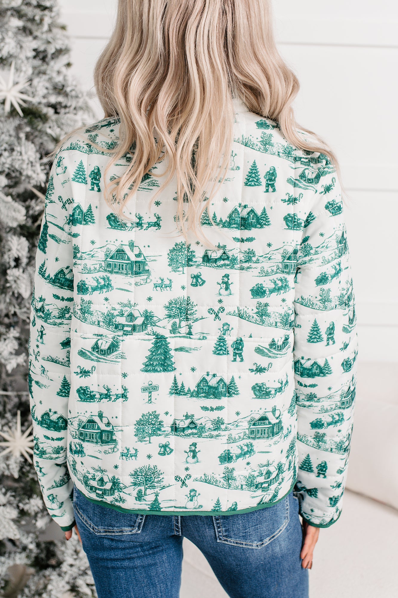 Silver Eve Christmas Print Puffer Pullover (Hunter Green) - NanaMacs