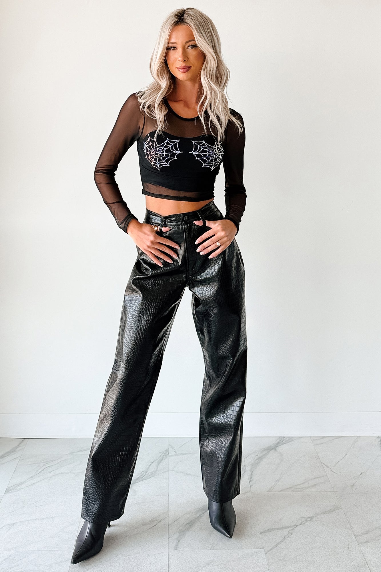 Crocodile Tears Faux Croc Straight Leg Pants (Black PU) - NanaMacs