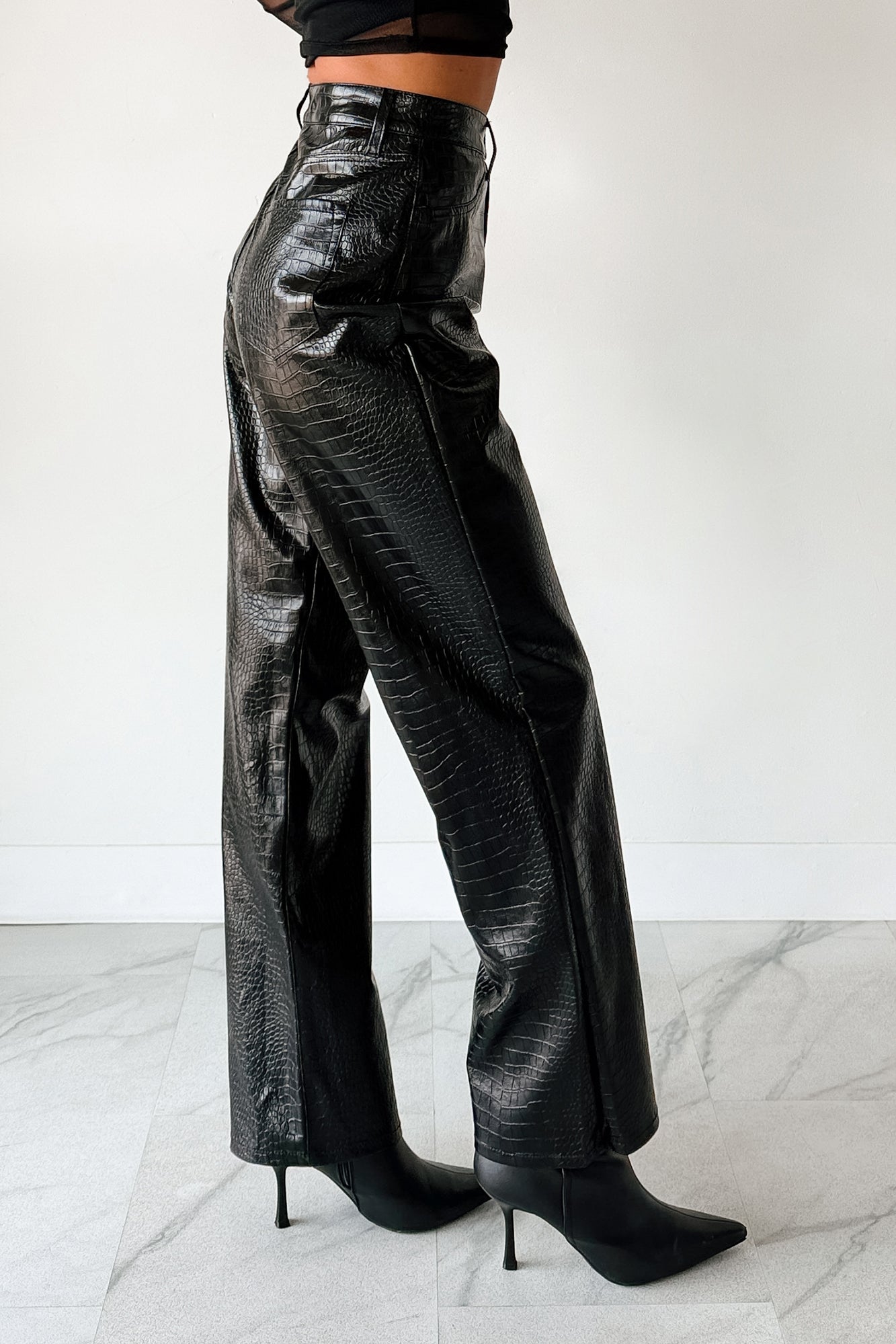 Crocodile Tears Faux Croc Straight Leg Pants (Black PU) - NanaMacs