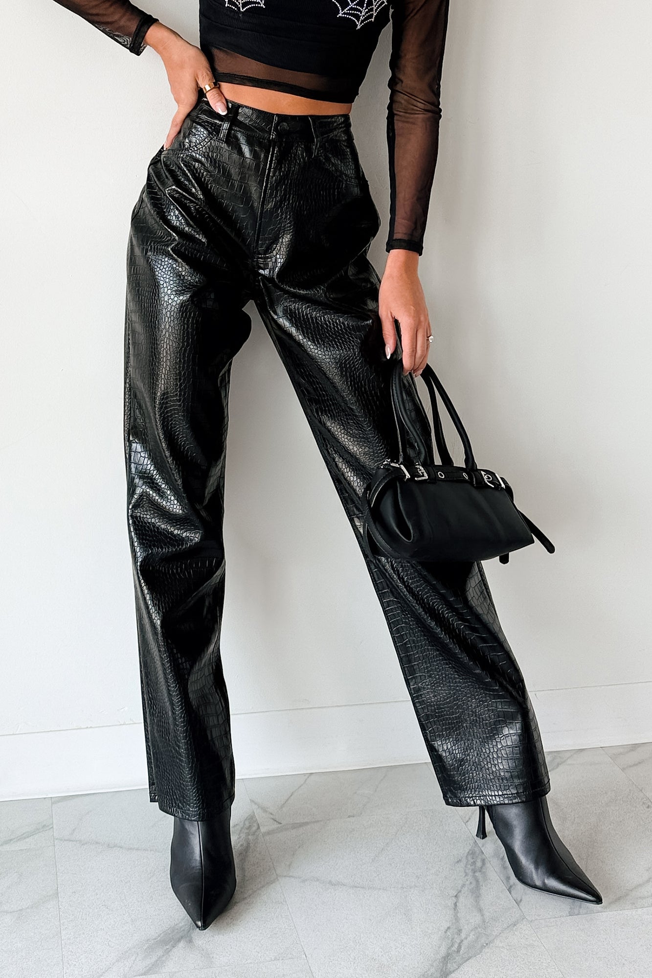 Crocodile Tears Faux Croc Straight Leg Pants (Black PU) - NanaMacs