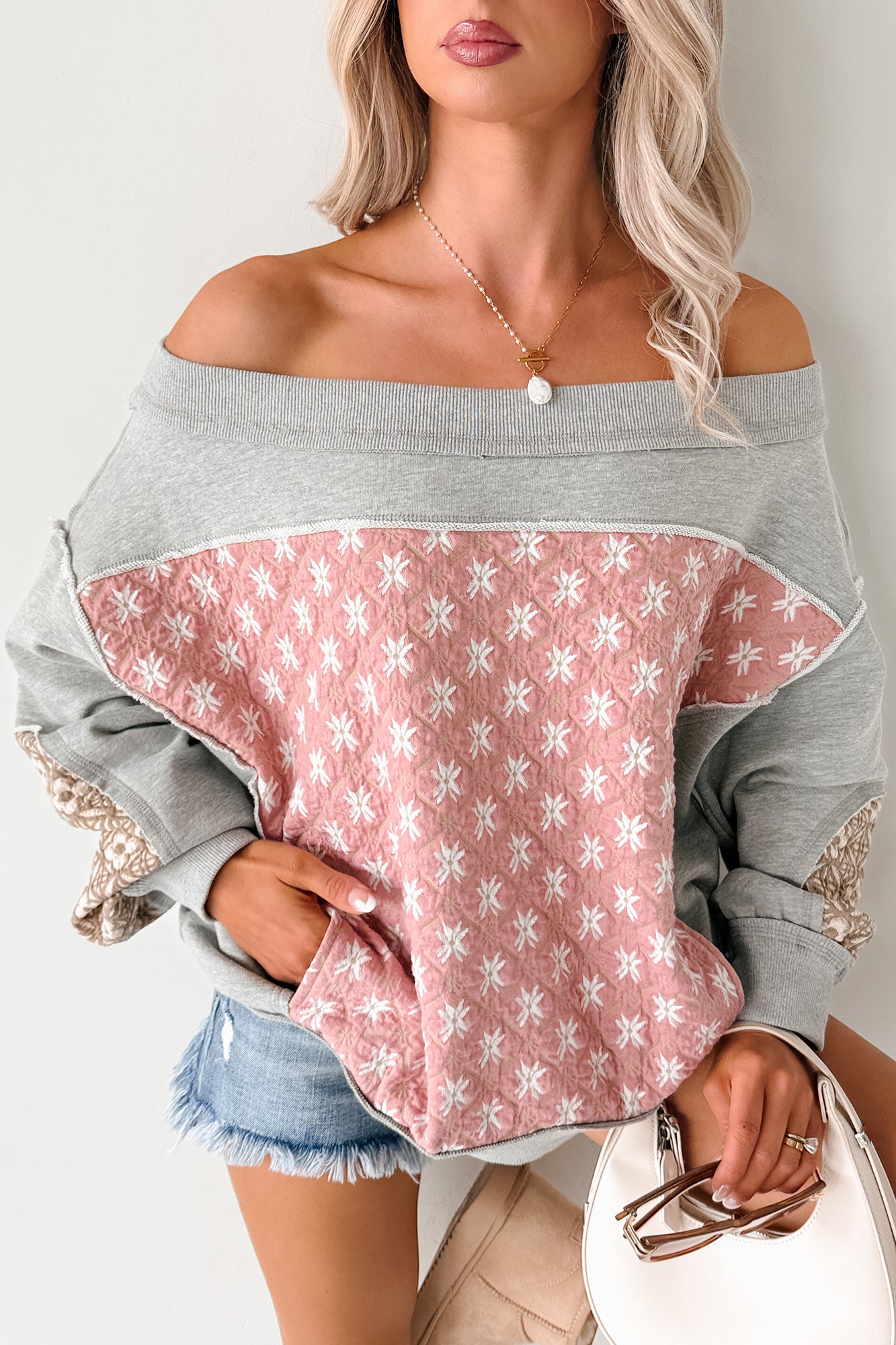 Sweet Daze Patchwork Off The Shoulder Sweater (Blush Multi) - NanaMacs
