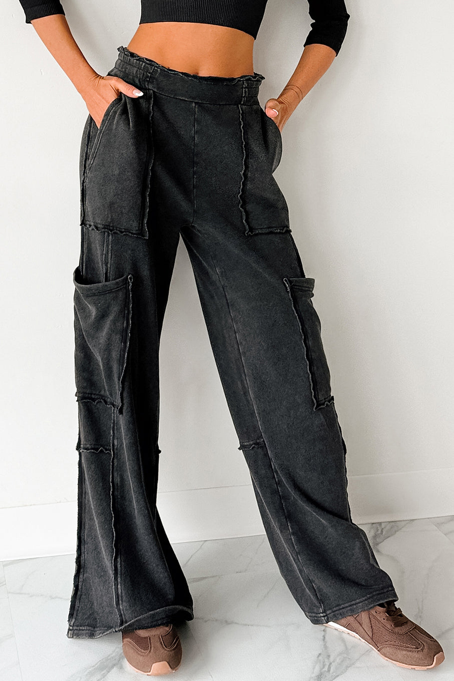 Made Ready Wide Leg Cargo Sweatpants (Black) - NanaMacs