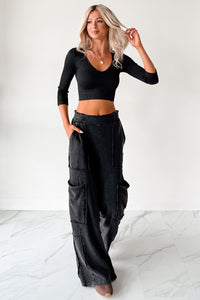 Casual Beauty Ribbed V Neck Crop Top (Black) - NanaMacs