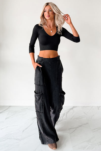 Casual Beauty Ribbed V Neck Crop Top (Black) - NanaMacs