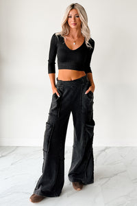 Casual Beauty Ribbed V Neck Crop Top (Black) - NanaMacs