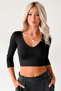 Casual Beauty Ribbed V Neck Crop Top (Black) - NanaMacs