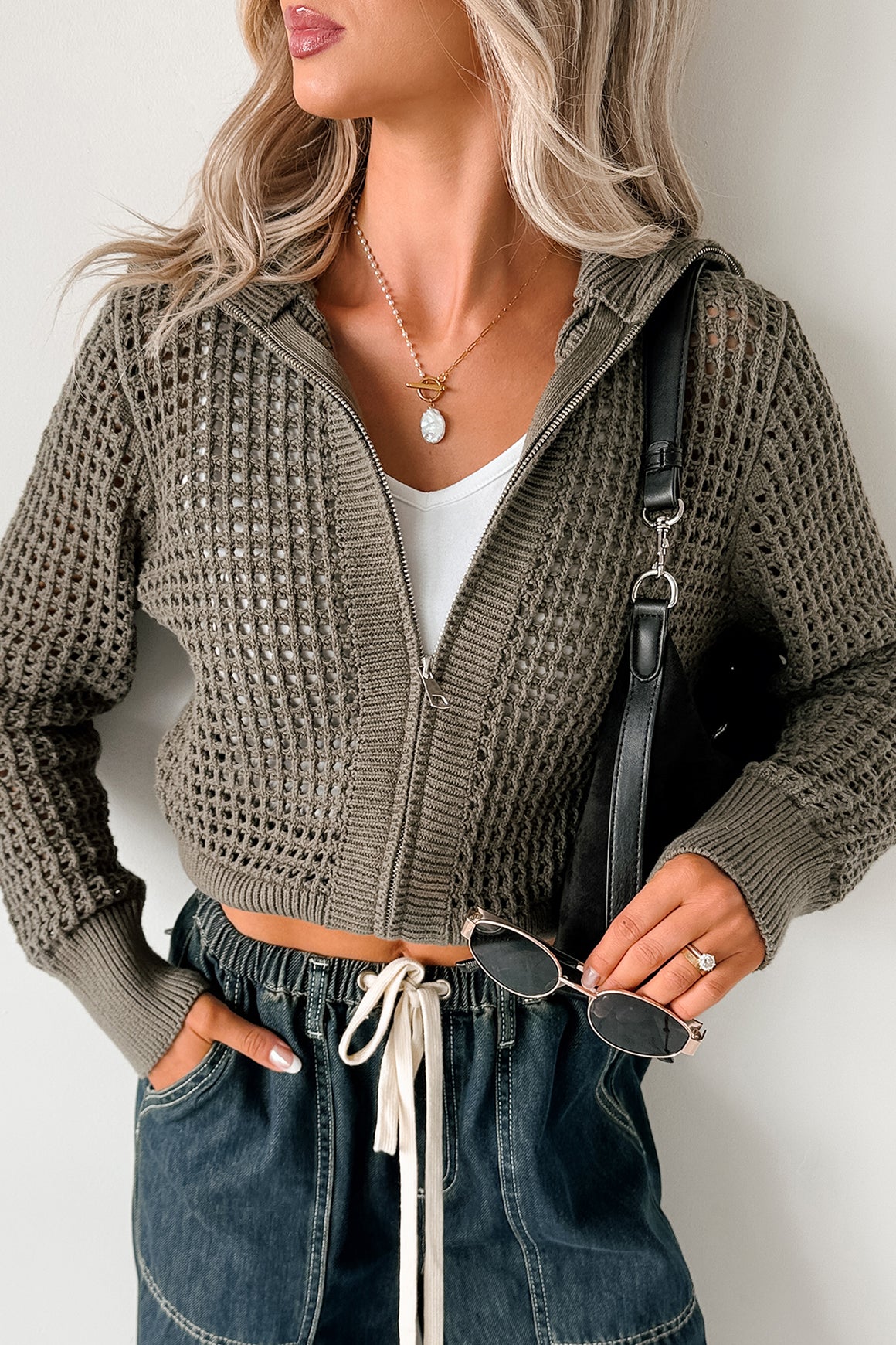 Whispered Words Zip-Up Sweater Jacket (Olive) - NanaMacs