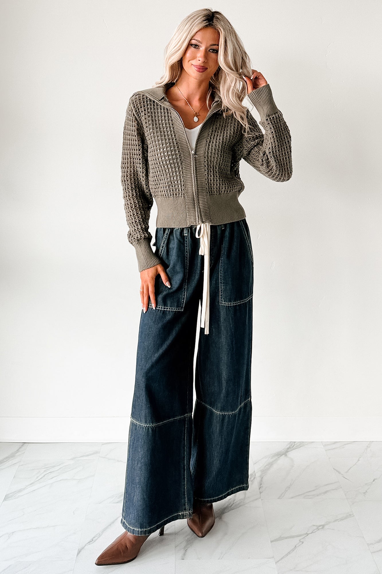 Whispered Words Zip-Up Sweater Jacket (Olive) - NanaMacs