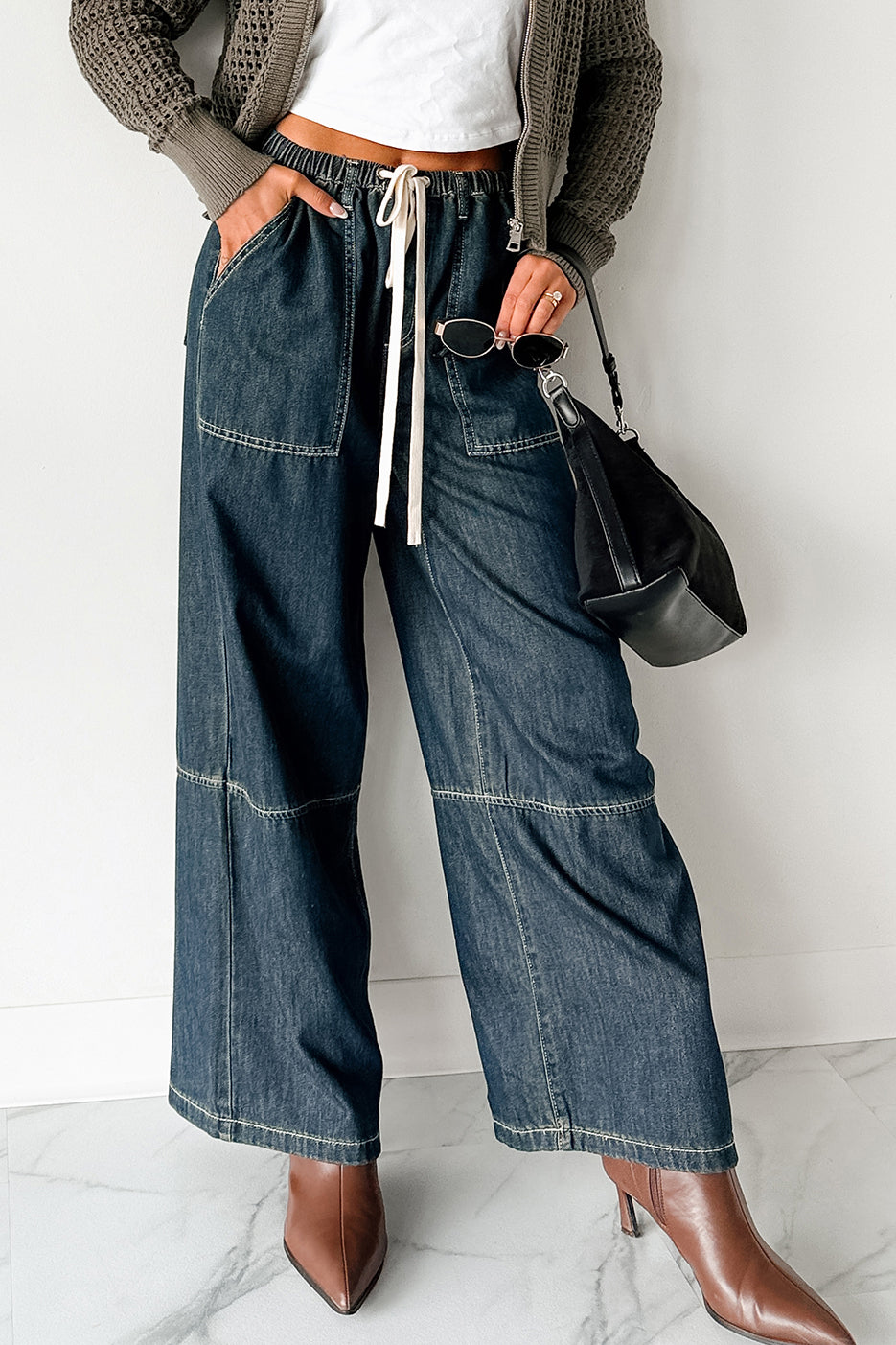 Chill Energy Wide Leg Drawstring Pants (Grey Denim) - NanaMacs
