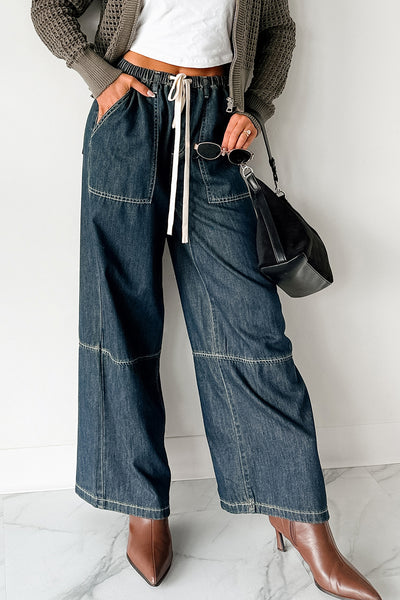Chill Energy Wide Leg Drawstring Pants (Grey Denim) - NanaMacs