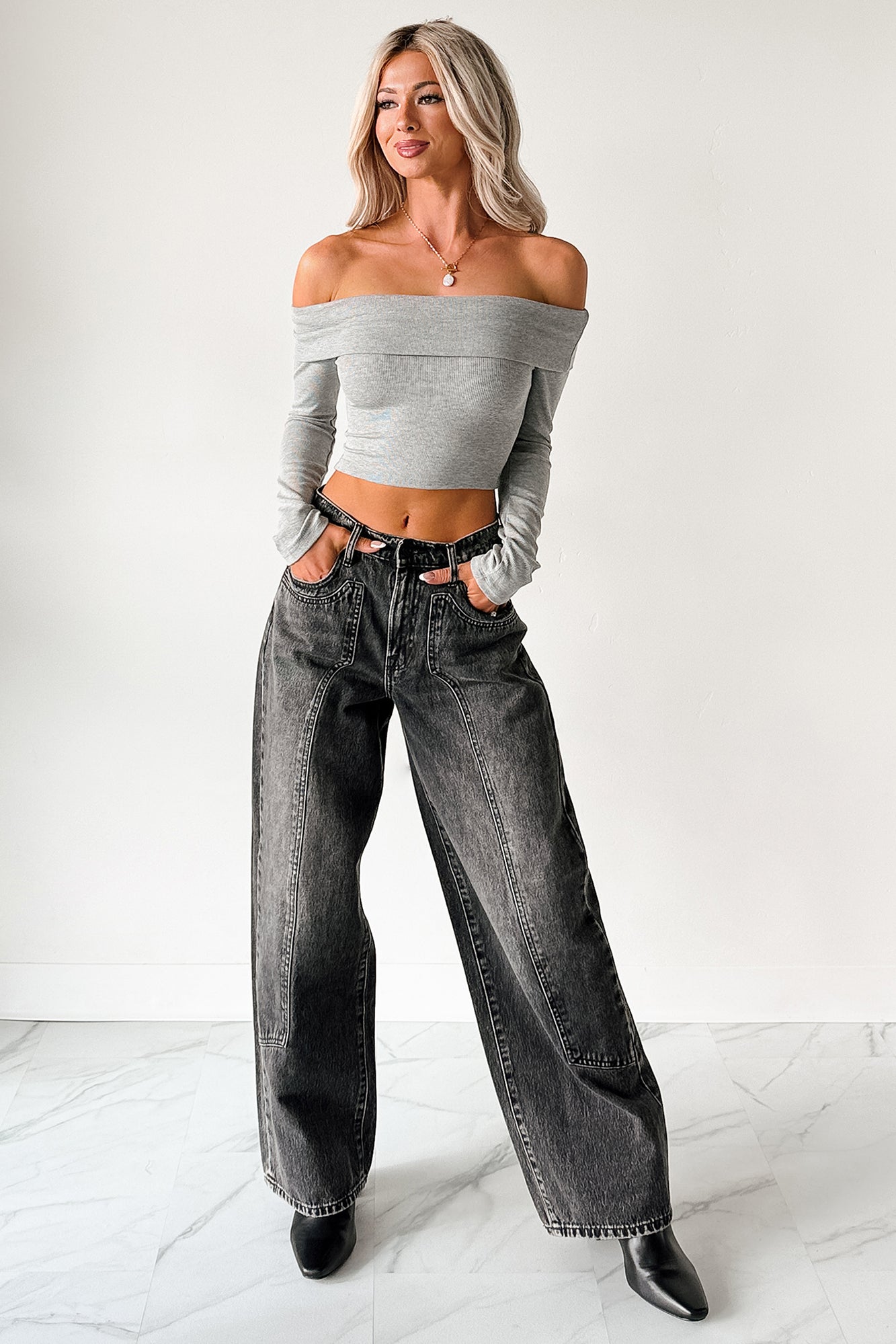 Fall Into Me Off The Shoulder Crop Top (Heather Grey) - NanaMacs
