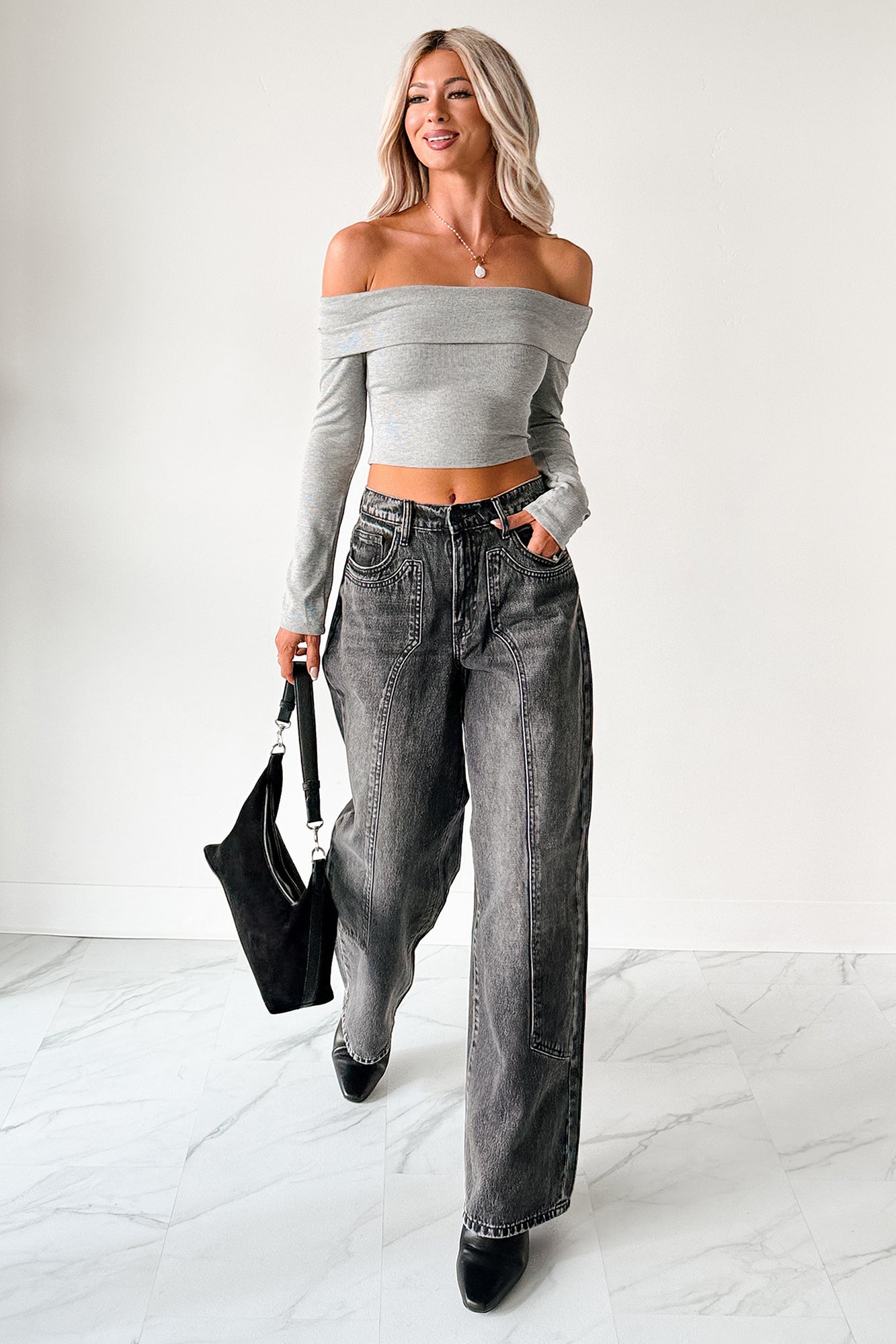 Fall Into Me Off The Shoulder Crop Top (Heather Grey) - NanaMacs
