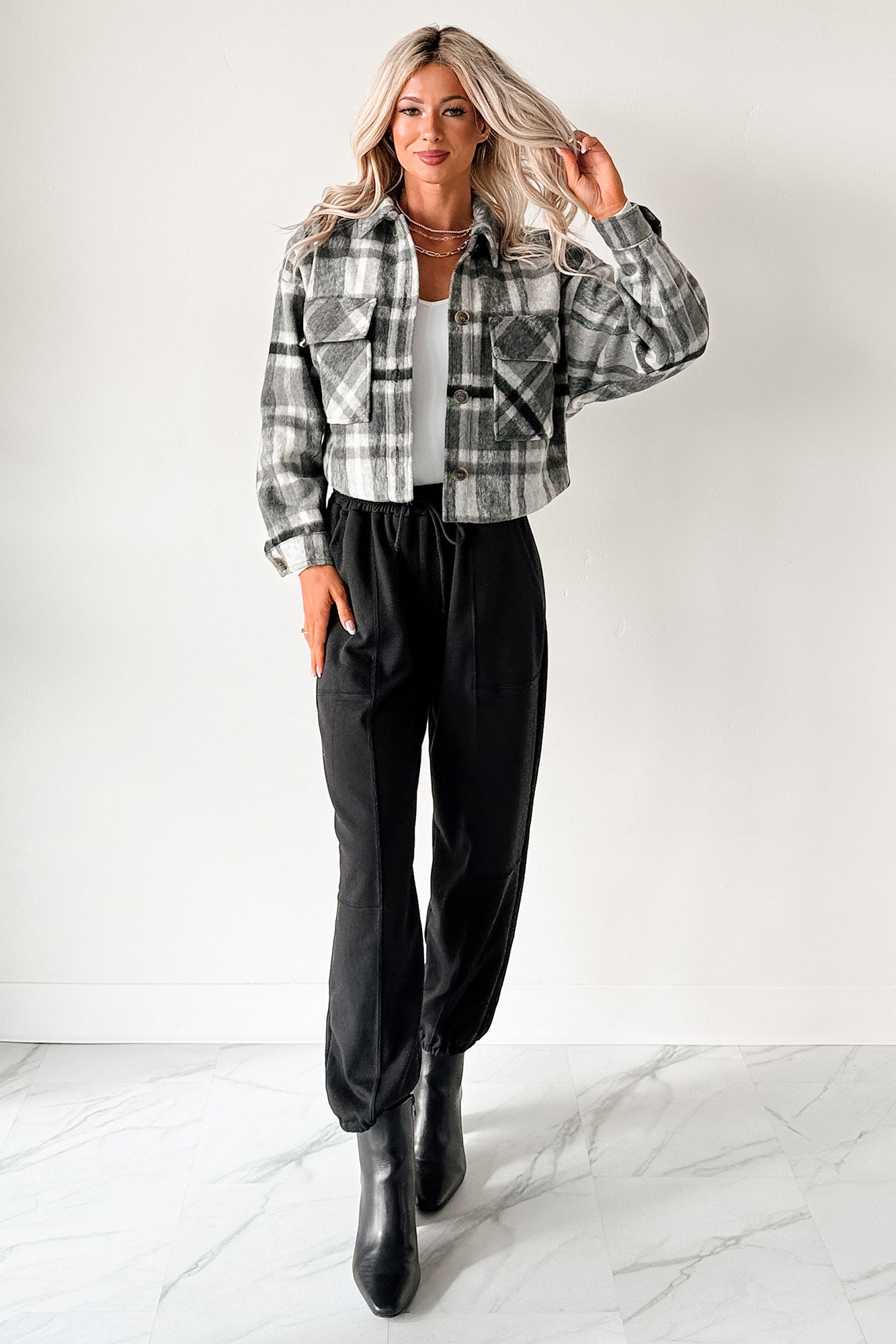 Can’t Relate Plaid Button-Down Shacket (Charcoal) - NanaMacs