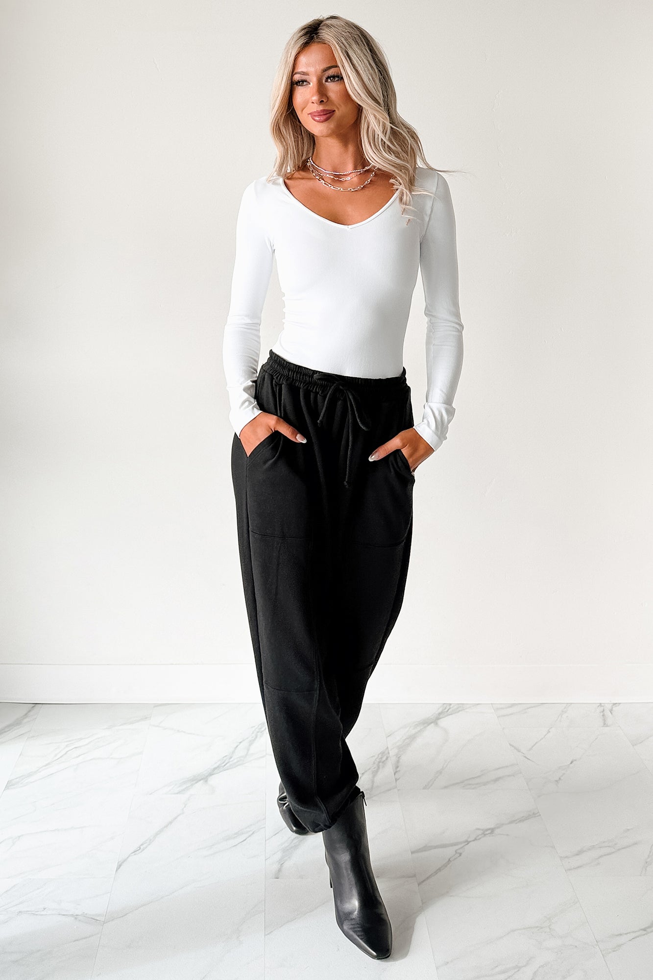 Everyday Lovely V Neck Long Sleeve Bodysuit (White) - NanaMacs