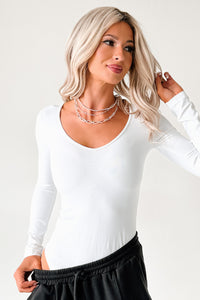 Everyday Lovely V Neck Long Sleeve Bodysuit (White) - NanaMacs