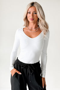 Everyday Lovely V Neck Long Sleeve Bodysuit (White) - NanaMacs
