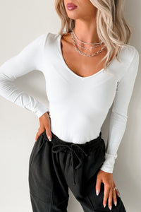 Everyday Lovely V Neck Long Sleeve Bodysuit (White) - NanaMacs