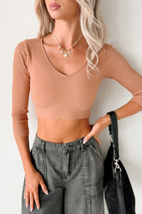 Casual Beauty Ribbed V Neck Crop Top (Mocha Mousse) - NanaMacs