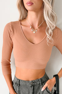 Casual Beauty Ribbed V Neck Crop Top (Mocha Mousse) - NanaMacs