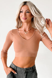 Casual Beauty Ribbed V Neck Crop Top (Mocha Mousse) - NanaMacs