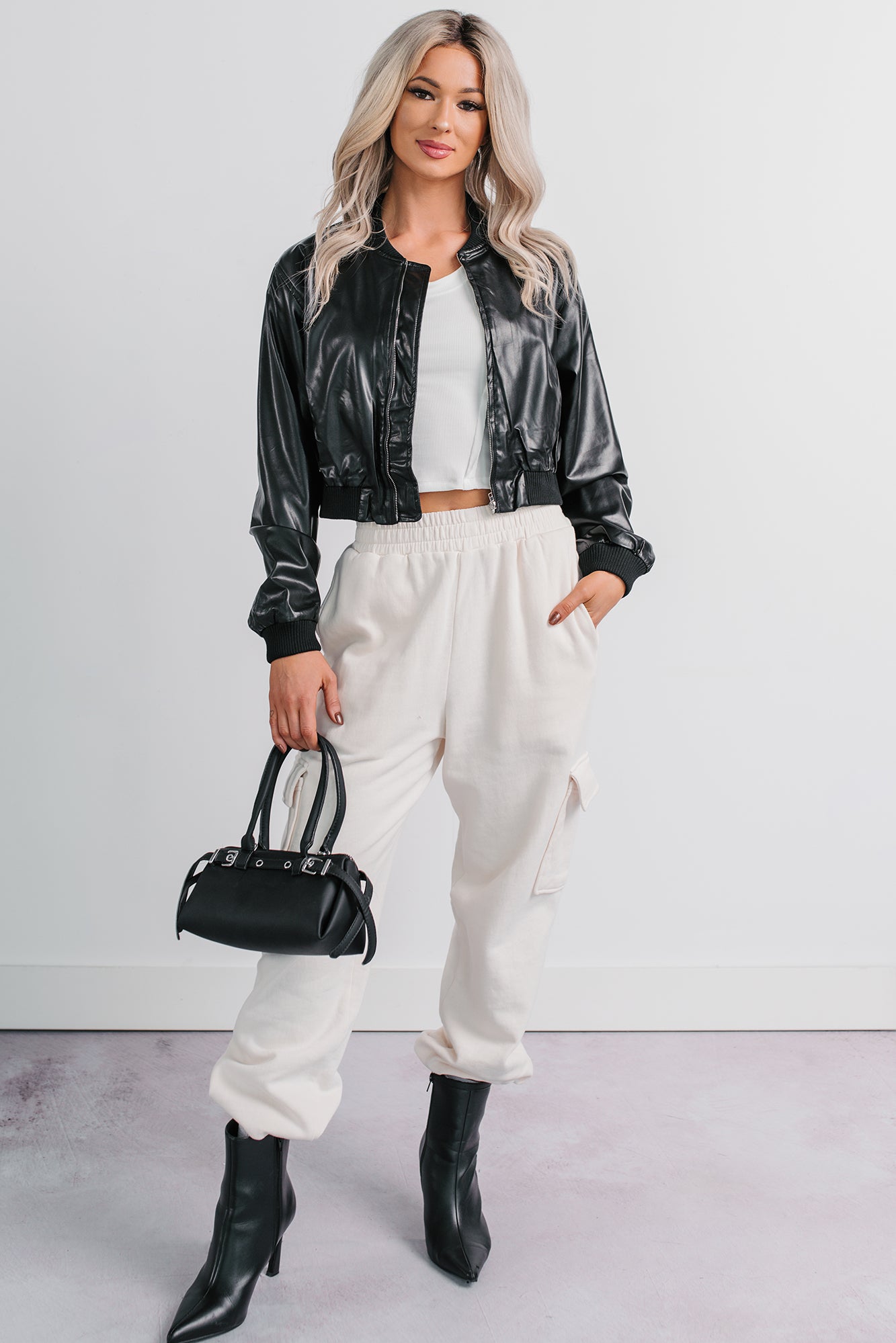 Crown Moment Faux Leather Crop Jacket (Black) - NanaMacs