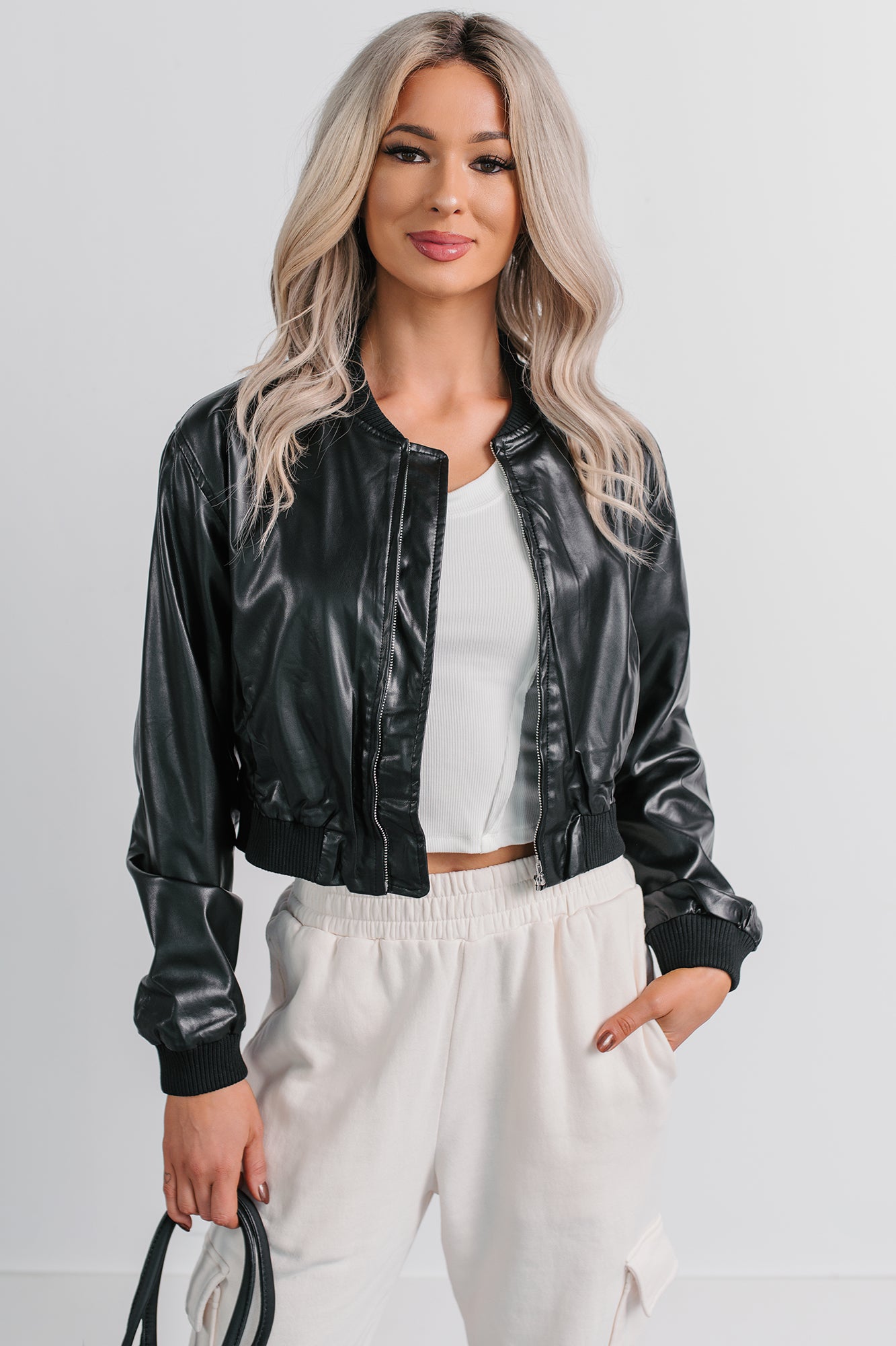 Crown Moment Faux Leather Crop Jacket (Black) - NanaMacs