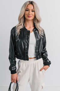 Crown Moment Faux Leather Crop Jacket (Black) - NanaMacs