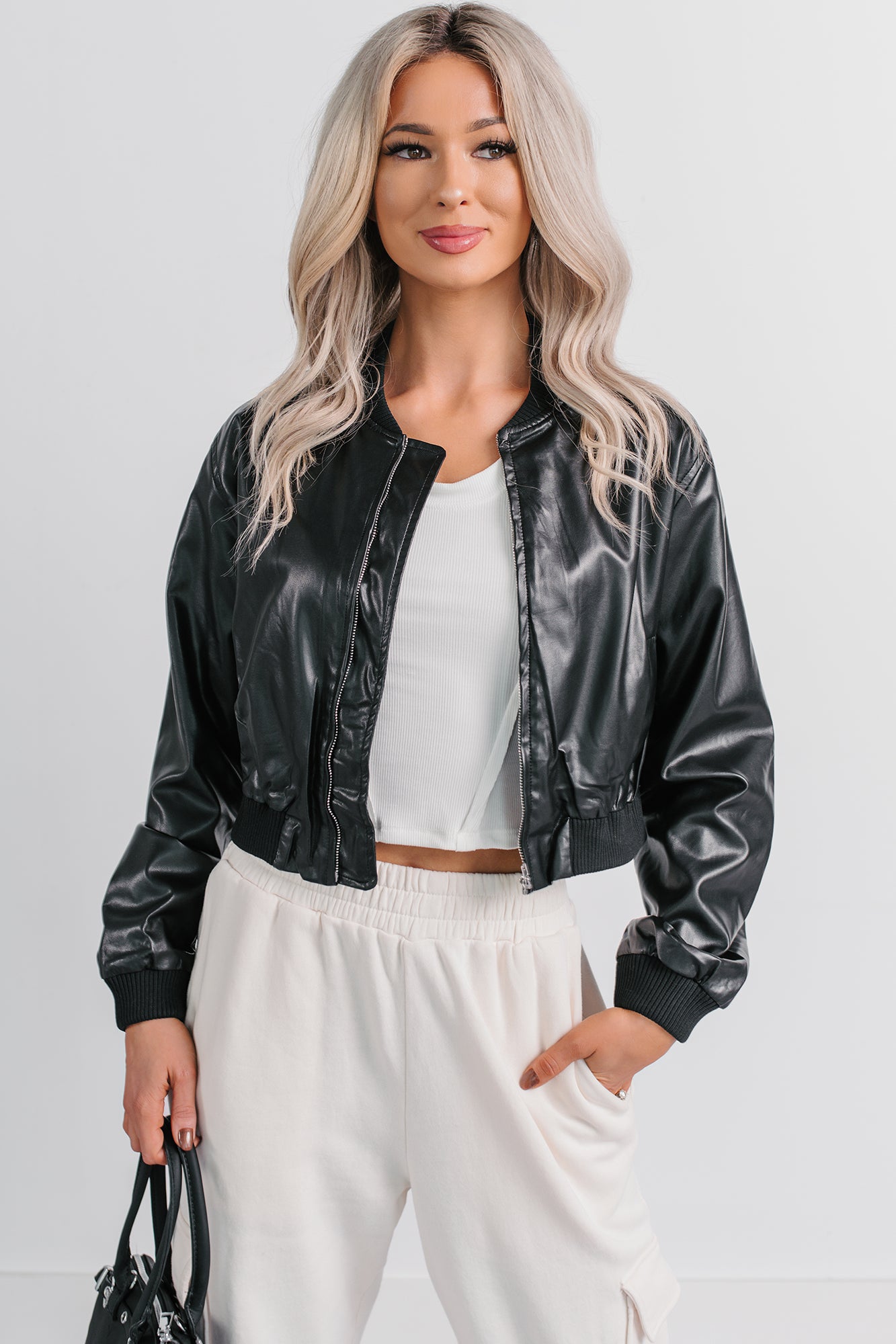 Crown Moment Faux Leather Crop Jacket (Black) - NanaMacs