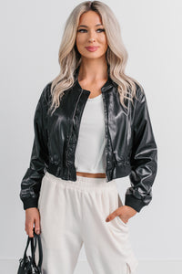 Crown Moment Faux Leather Crop Jacket (Black) - NanaMacs