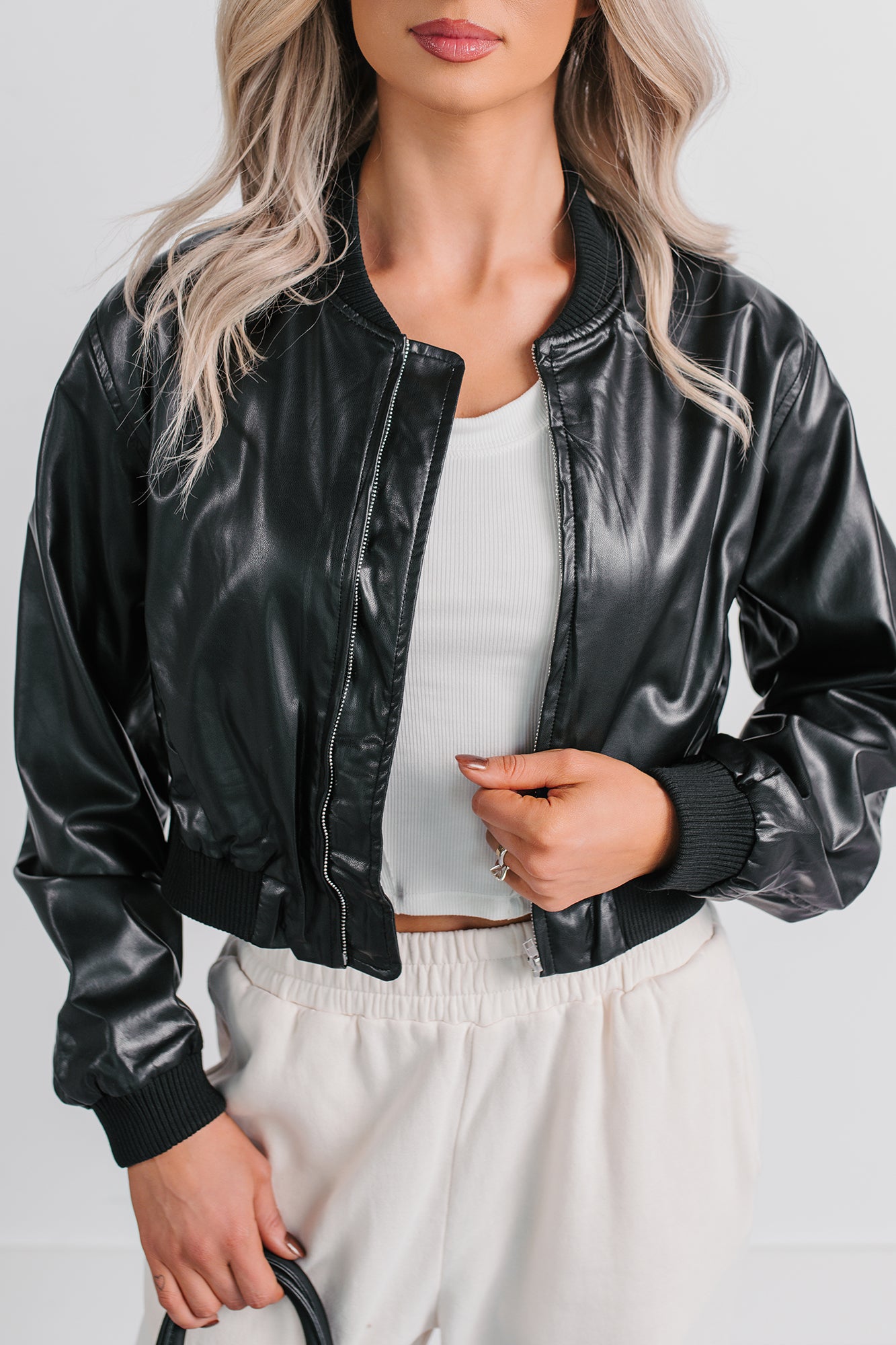 Crown Moment Faux Leather Crop Jacket (Black) - NanaMacs